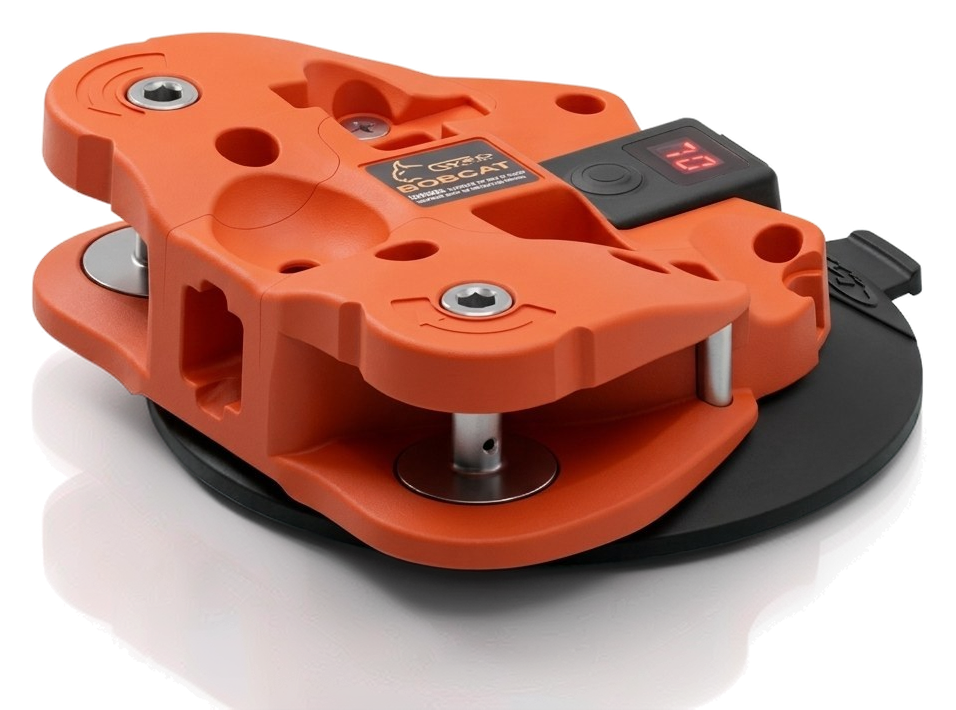 Product illustration of the Bobcat assembly on glass, showing its spindles, suction pad and integrated pump