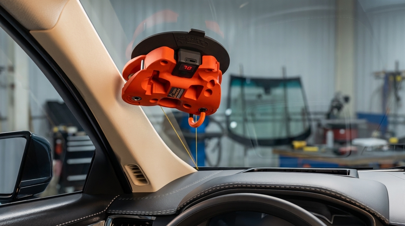 Close interior view of an orange Bobcat mounted on the windshield beside the A-pillar, with its pump display, U-bit and yellow fiber line visible