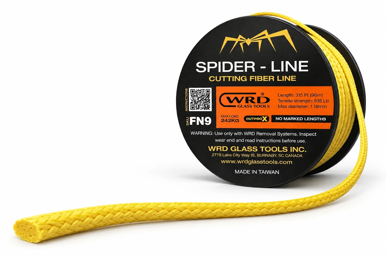 FN9 Spider Line spool with its yellow oval braid extending across the foreground