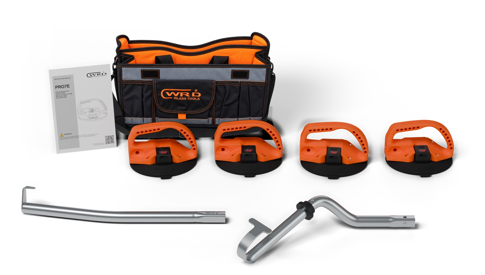 Complete PRO7E installation system: four electric cups, two Long Double Hook arms, WRD tool tote and instruction booklet