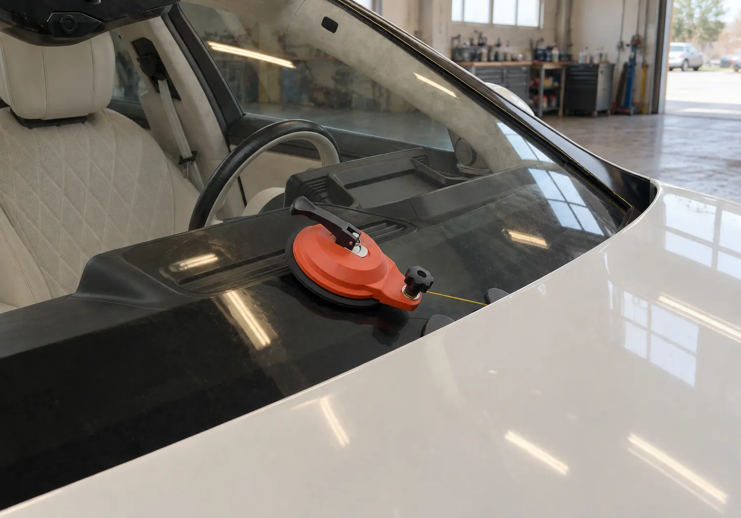 Anchor cup on the outside of the windshield holding the cutting line near the cowl