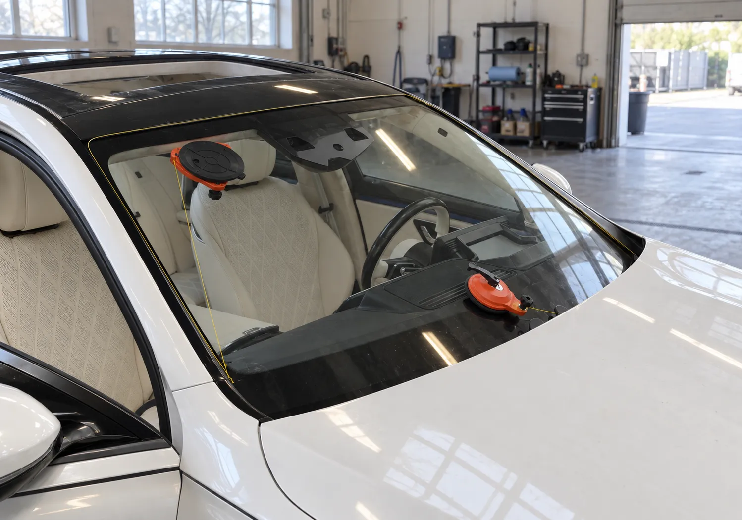 Spider 4M mounted inside a windshield, with an anchor cup on the outside and yellow cutting line along the glass edge